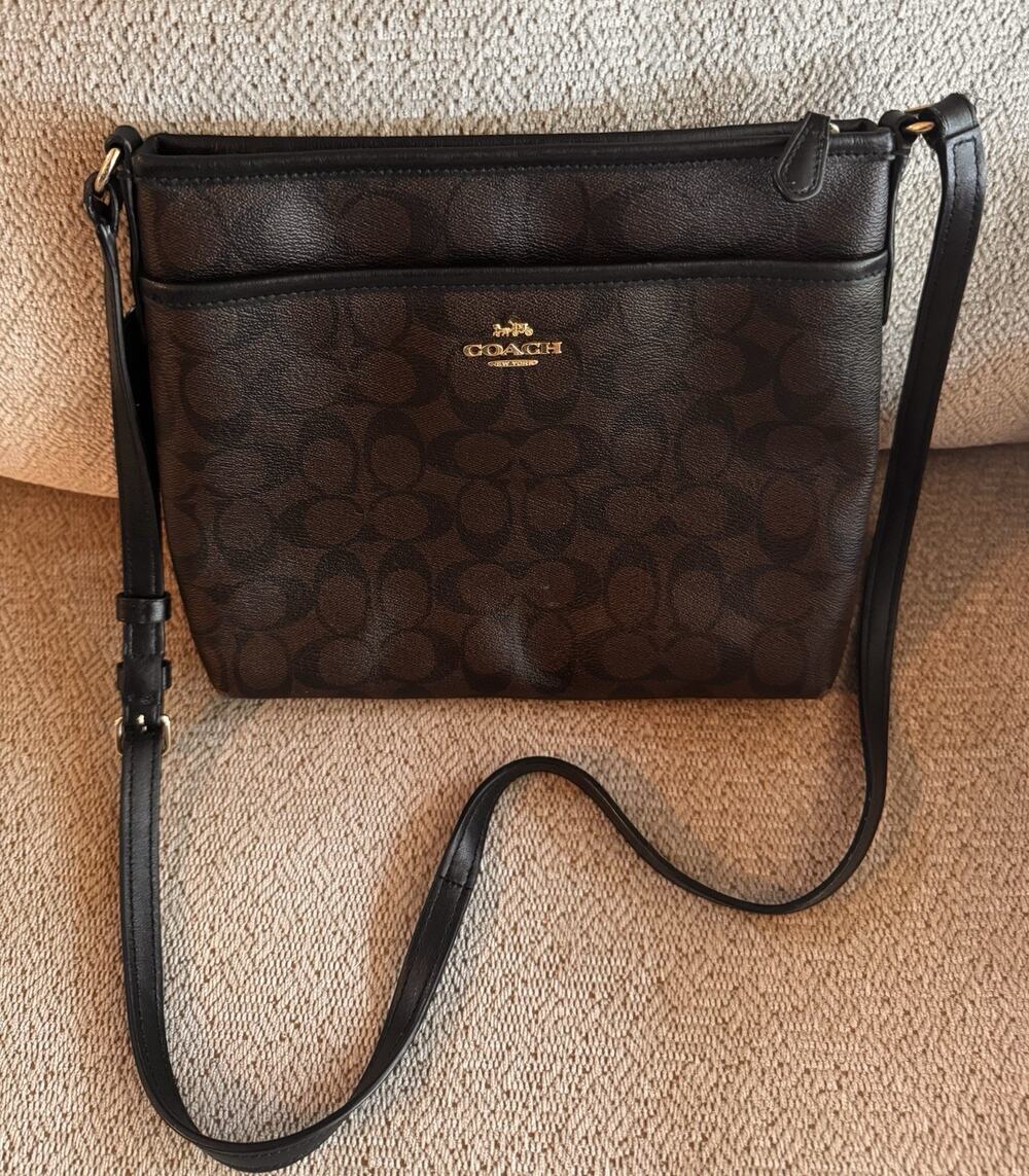 COACH Signature File Crossbody Bag Black BrownCanvas Leather F58285